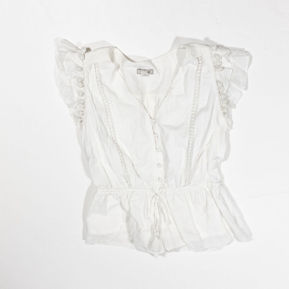 J. CREW POINT SUR White Ruffled Flutter Sleeve Peplum Cotton Blouse